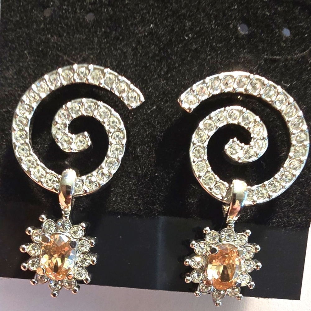 Nolan Miller Silver and Gold Toned Spiral Earrings With Hanging Amber Pendant